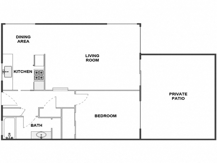Floor plan for 1 bed, 1 bath, 800 sqft